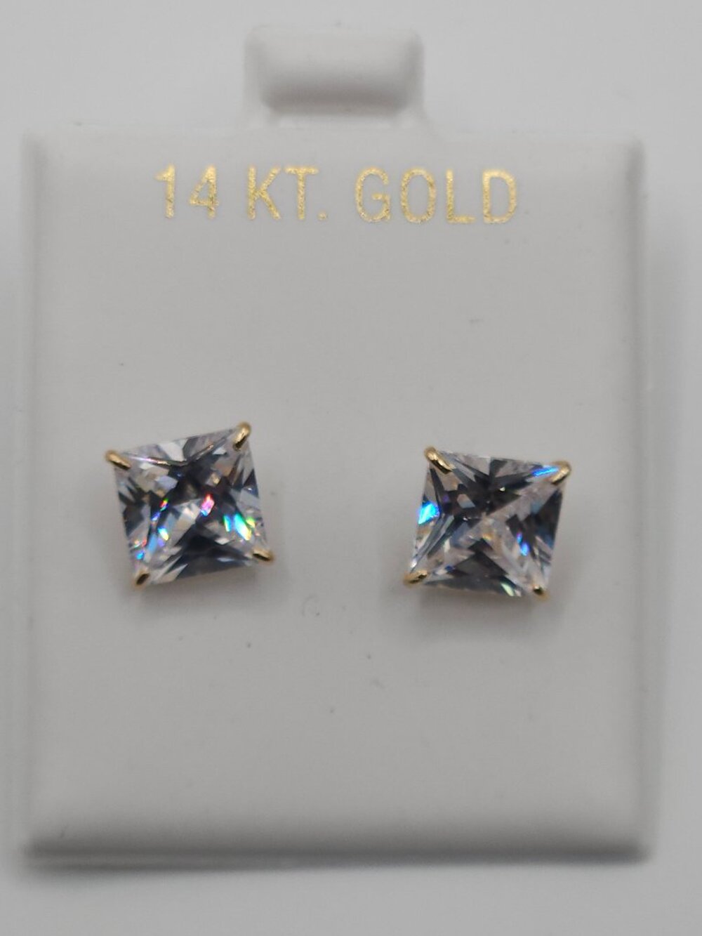 14K Yellow Gold Princess Cut CZ Stud Earrings 8mm Basket